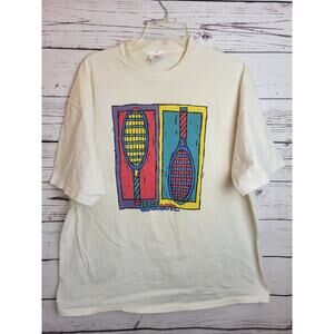 Vtg Wilson Tennis Racket Print Crew Neck Short Sleeve T-Shirt Men's Size XL